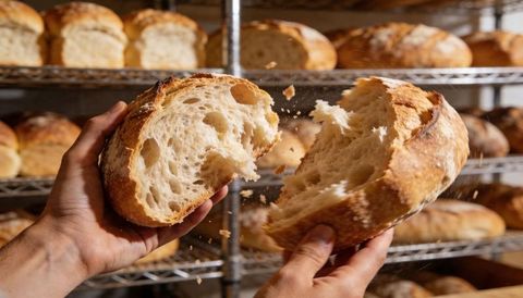 Hands tearing rustic artisan loaf, pulling airy crumb from golden crust, flour-dusted hands closeup