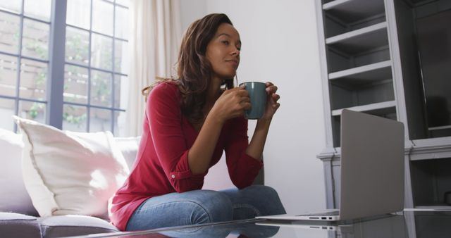 Woman Relaxing at Home with Laptop and Coffee - Download Free Stock Images Pikwizard.com