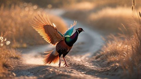 Pheasant animal displaying feathers on sunny rural path