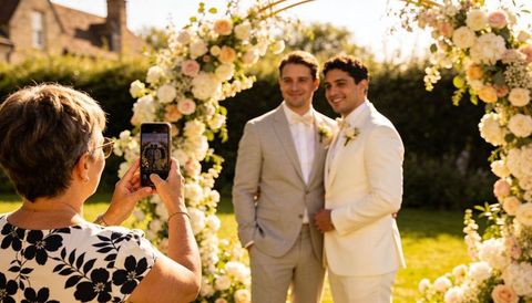 Grooms posing under floral arch while guest capturing moment on smartphone