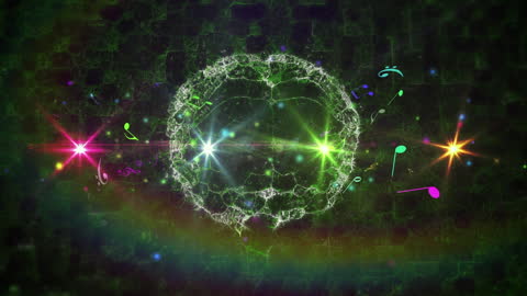 Futuristic Digital Brain with Vibrant Music Notes