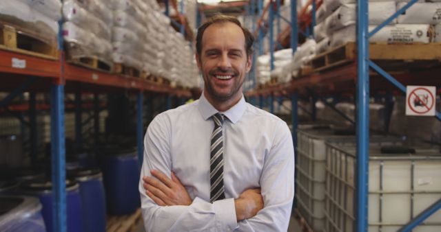 Confident Businessman Smiling in Warehouse Storage Aisle - Download Free Stock Images Pikwizard.com