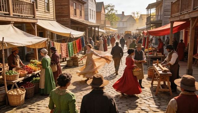 Twirling woman in period dress on cobblestone market street with colorful stalls and horse carriage