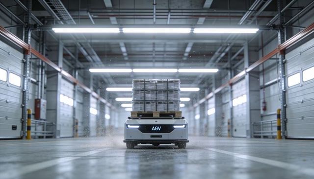 Autonomous guided vehicle transporting pallet of shrink-wrapped boxes in modern warehouse