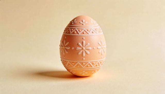 Peach embossed easter egg standing on beige surface with floral geometric pattern