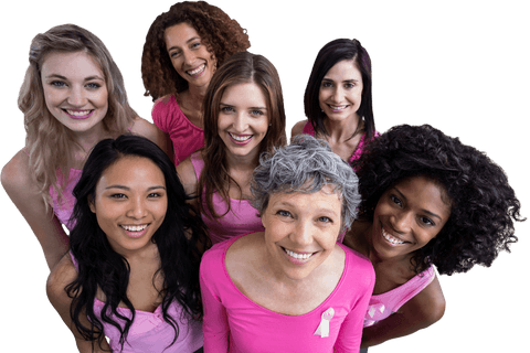 Diverse women in pink supporting breast cancer awareness transparent