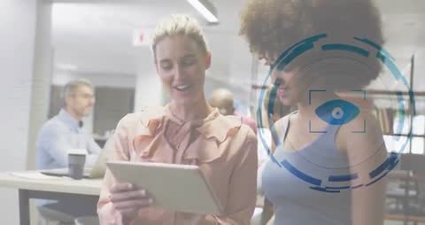 Collaboration in Modern Office with Future Tech Overlay