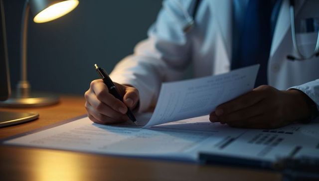 Physician completing patient forms under warm desk lamp, stethoscope and pen in focus