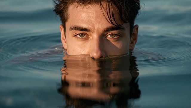 Closeup Sunlit Male Gazing While Floating Half-Submerged in Calm Lake with Golden Reflection