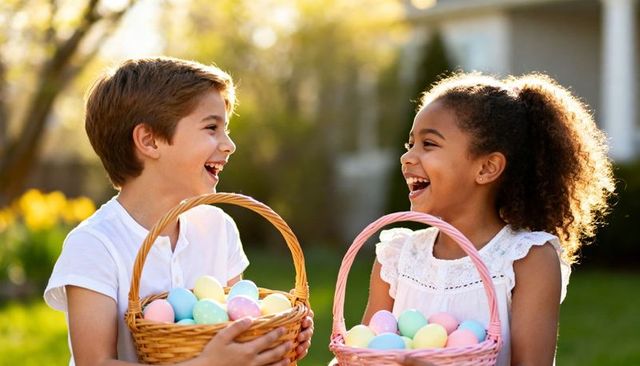 Children laughing during easter egg hunt holding wicker baskets with pastel eggs in sunlit garden