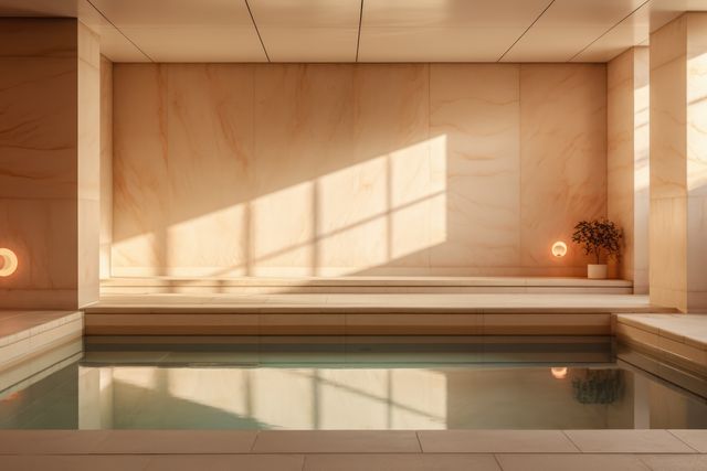 Depicts a minimalist luxury indoor pool area with warm natural light streaming through large windows, highlighting the pristine marble walls. This serene setting is perfect for promoting wellness retreats, high-end spa services, or luxury interior design concepts. Ideal for lifestyle, interior design, and relaxation-related articles or advertisements.