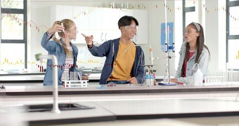 High School Students Wearing Safety Goggles Conducting Chemistry Experiment in Lab