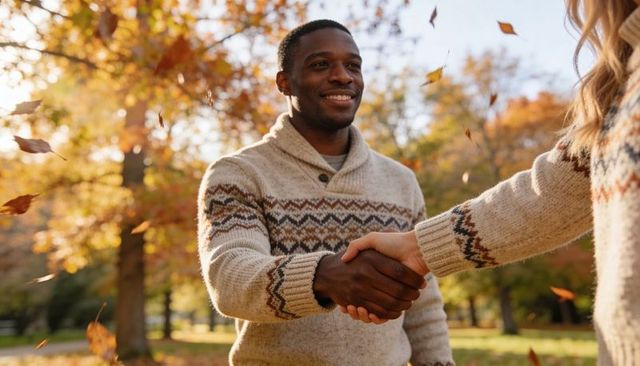 Smiling black man shaking hands with friend in autumn park wearing knit sweaters