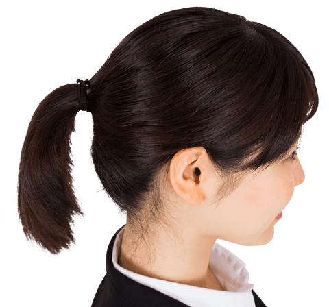 Transparent portrait of smiling businesswoman with ponytail