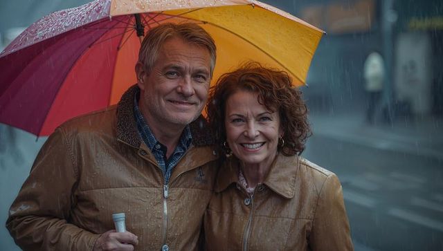 Mature couple sharing colorful umbrella and smiling while walking in rainy city street