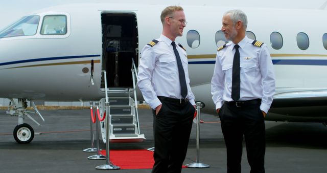 Two uniformly dressed pilots standing in front of a private jet on an airfield. They are conversing and appear professional. The red carpet leading up to the jet emphasizes a sense of luxury and exclusivity. This image can be used for promoting aviation services, private jet charters, pilot training programs, or travel experiences.