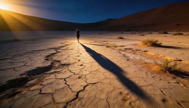 Solo figure walking across cracked desert playa casting long shadow toward dunes at sunset