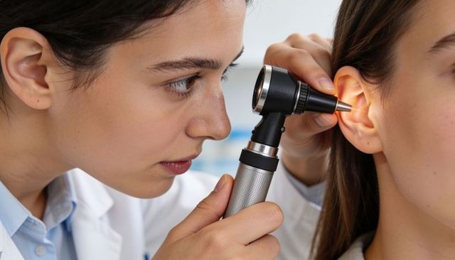 Female ent clinician examining teen patient ear with otoscope closeup in medical clinic