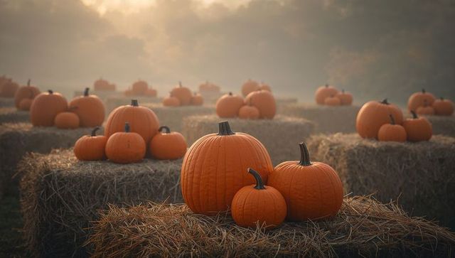 Vibrant Pumpkins on Straw Bales with Morning Mist