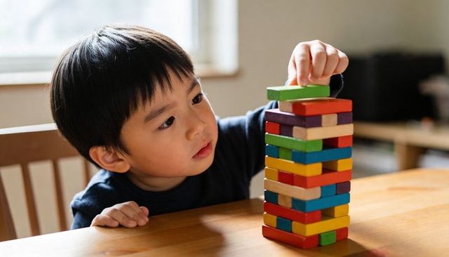 Focused asian boy stacking colorful wooden blocks, building tower at home table in daylight