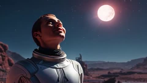 Astronaut Gazing at Pink Moon over Alien Canyon while Smiling in White Spacesuit