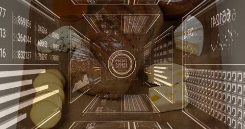 Augmented reality food inspection hud scanning irregular sample wooden tray data overlays