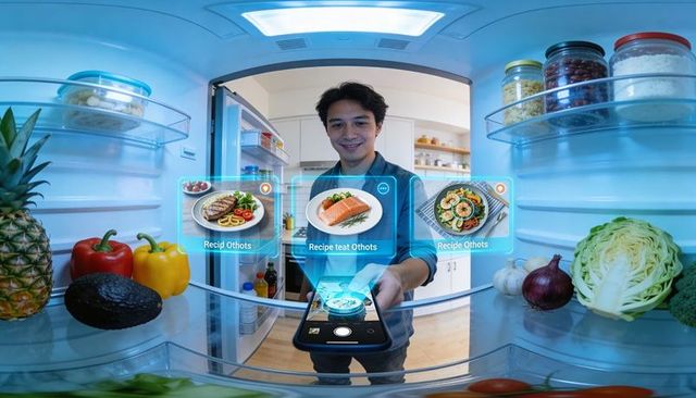 Man holding smartphone displaying ar recipe panels in open smart fridge with fresh produce