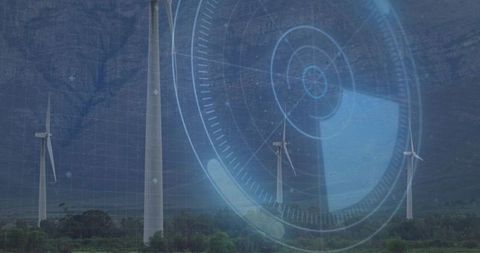 Futuristic wind turbine farm generating clean energy with digital HUD overlay