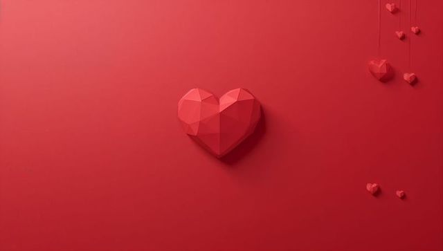 Faceted low-poly heart sculpture featuring minimal red backdrop and hanging mini hearts