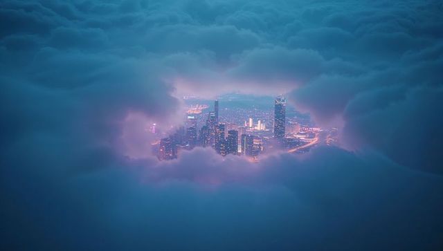 Futuristic City Skyline Illuminated Through Clouds at Dusk