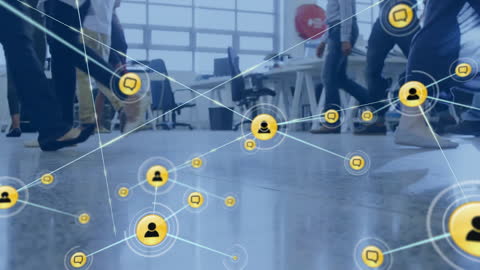 Interactive Network Icons Overlaying Busy Workspace Atmosphere