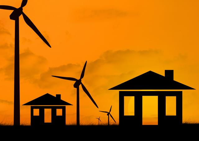 Silhouettes of windmills and houses are set against a vibrant orange sky, symbolizing renewable energy and sustainable living. Ideal for use in articles, blogs, and advertisements focused on clean energy, eco-friendly housing, and environmental awareness.