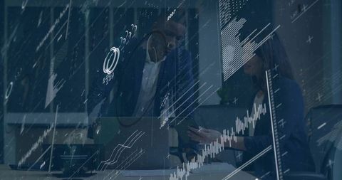 Business Collaboration with Digital Data Overlay in Modern Office Setting