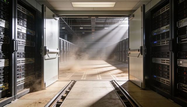 Opening metal doors revealing central server aisle with sunbeams, haze and racks