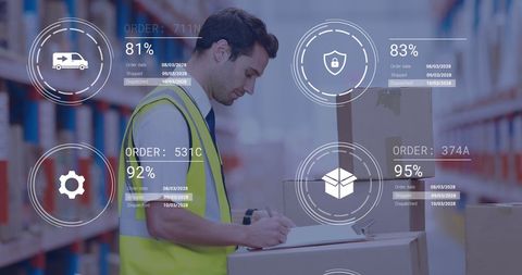 Warehouse supervisor analyzing logistic data and supply chain insights