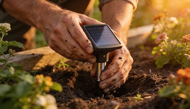 Installing solar garden stake in raised bed at golden hour hands with rolled sleeves
