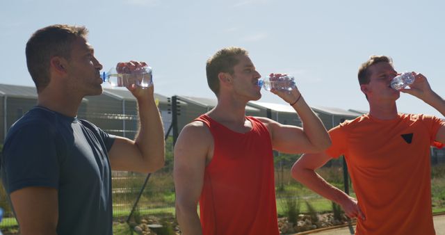 Thirsty caucasian male athletes running on sunny sports field taking a break to drink water - Download Free Stock Photos Pikwizard.com