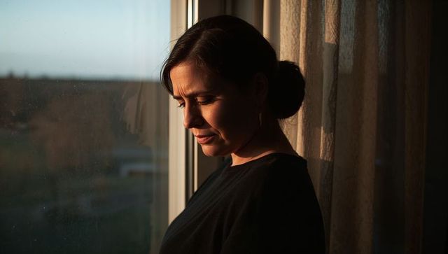 Woman standing by window gazing into warm sunset light, contemplative home portrait