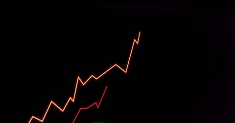Neon zigzag uptrend lines rising on black backdrop bright orange red green glow graphic