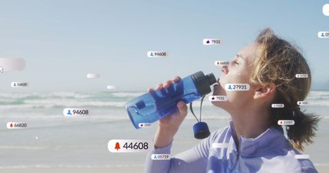 Woman Drinking Water on Beach with Overlayed Social Media Icons