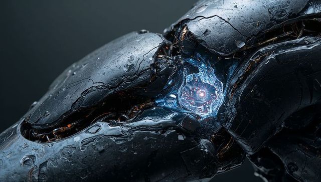 Damaged robotic joint revealing glowing blue crystal core with exposed copper wiring
