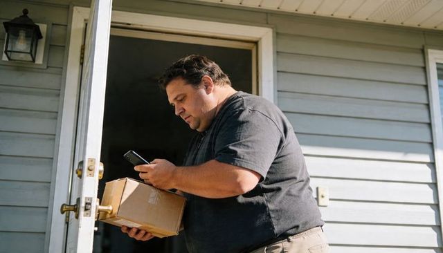 Delivery worker checking package with smartphone at home doorway in sunlight