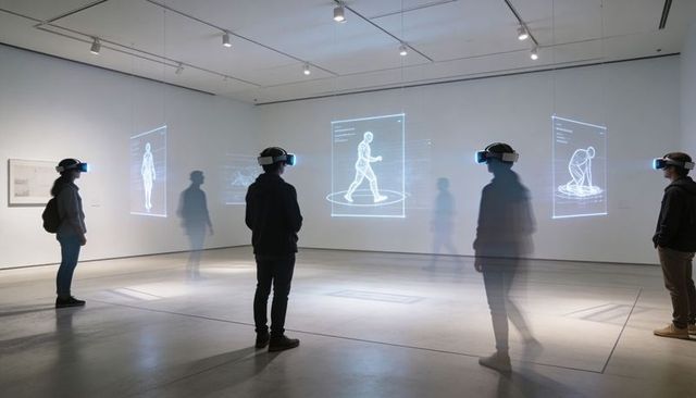 Visitors Wearing VR Headsets Exploring Immersive Holographic Exhibit in Modern Art Gallery