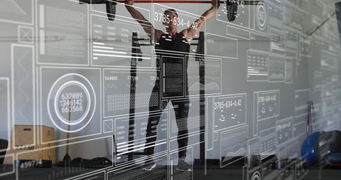 Male Athlete Performing Overhead Barbell Lift with Performance Analytics HUD Overlay
