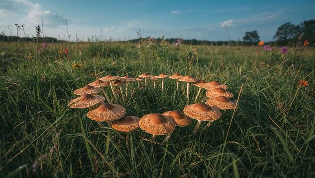 Fairy Ring Forming from Dewy Brown-Orange Mushrooms in Scenic Wildflower Meadow