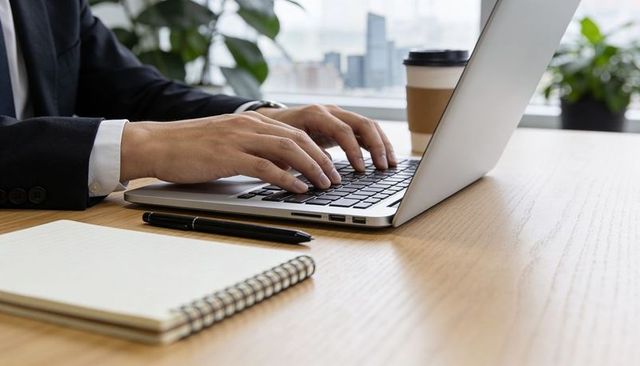 Business executive typing on laptop with animated email notification over office desk