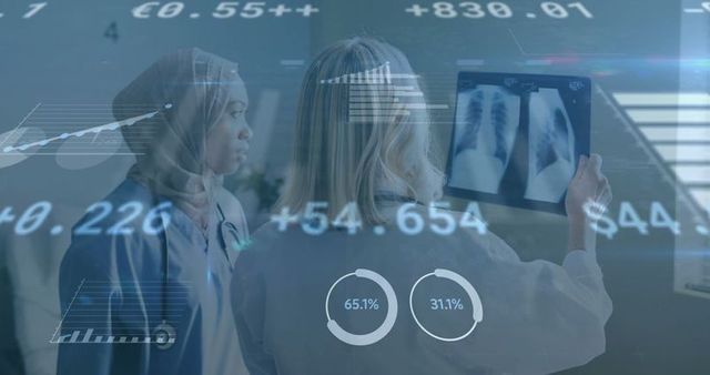 Doctors analyzing x-ray with data overlays: advanced medical collaboration