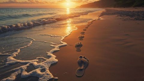 Tranquil sunset footprints on ocean shore