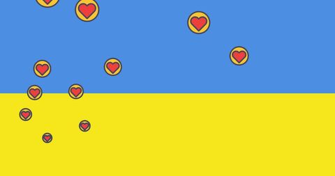 Heart icons over ukrainian flag representing solidarity and love
