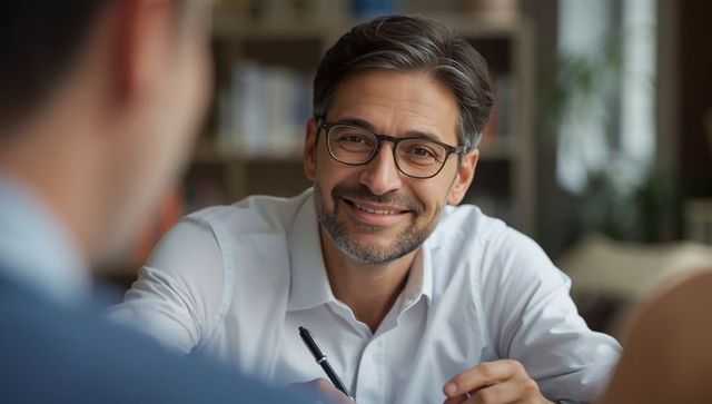 Professional consultant smiling during client meeting in modern office